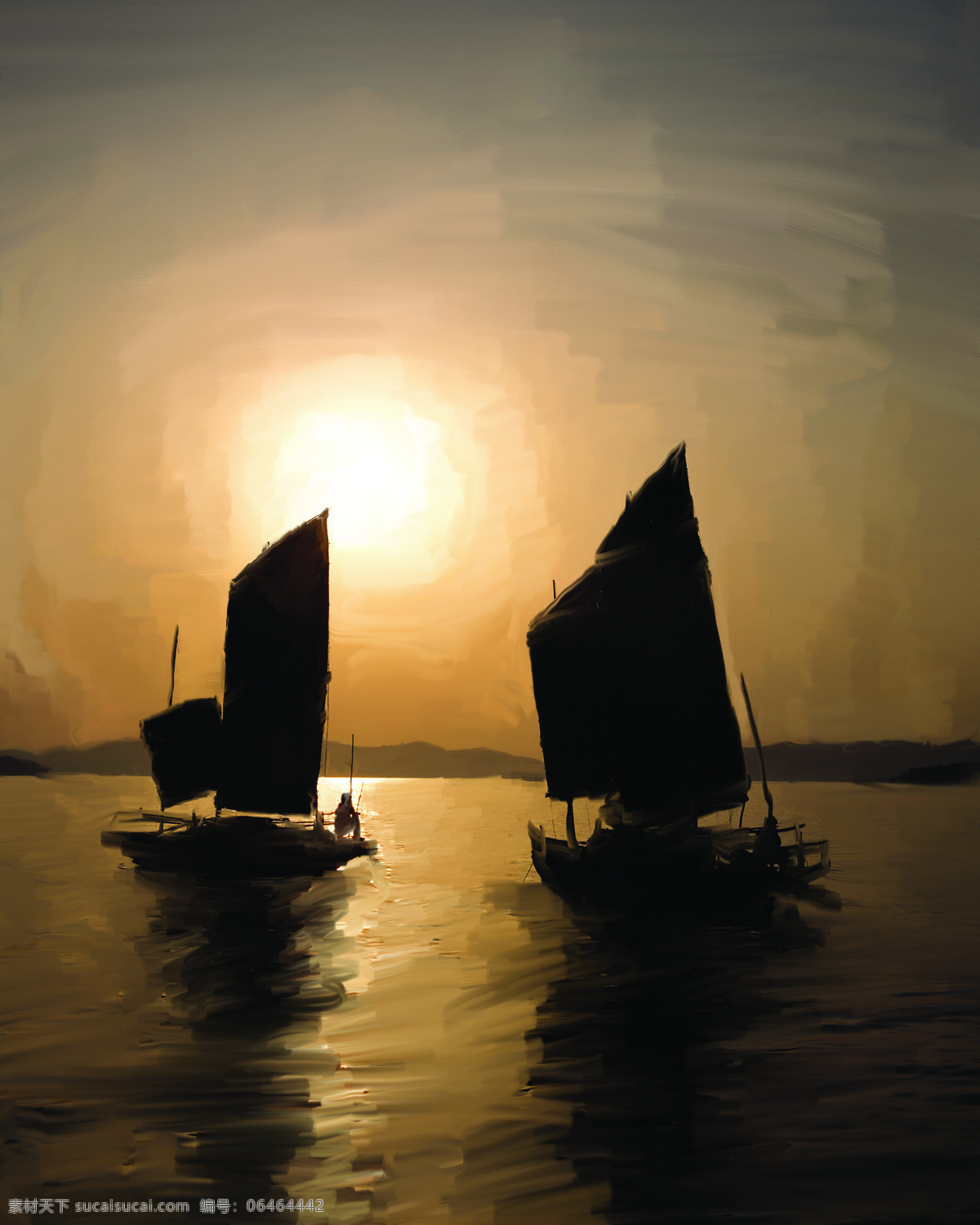 手绘 日落 船 大海 帆船 画 绘画书法 手绘日落 油画 出海 文化艺术 装饰素材