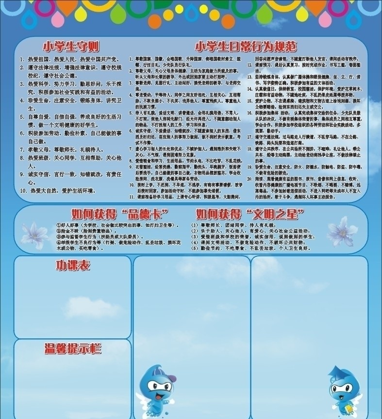 学生守则 学生 小学生 守则 行为规范 工课表 每周之星 文明之星 品德卡 蓝 小水滴 展板模板 矢量