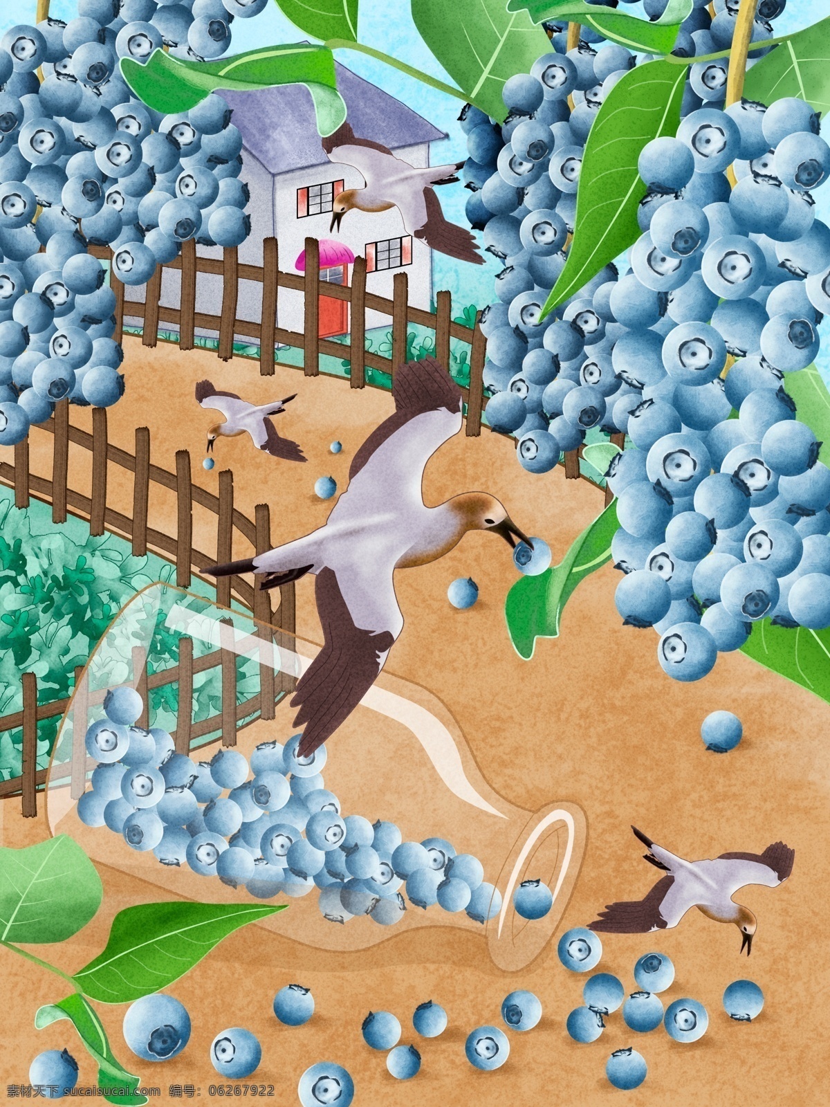 原创 手绘 插画 飞鸟 瓶子 里 蓝莓 水果 树叶 黄色 蓝色 房子 鸟 透明瓶子 玻璃瓶 房屋 围栏 栏杆 草