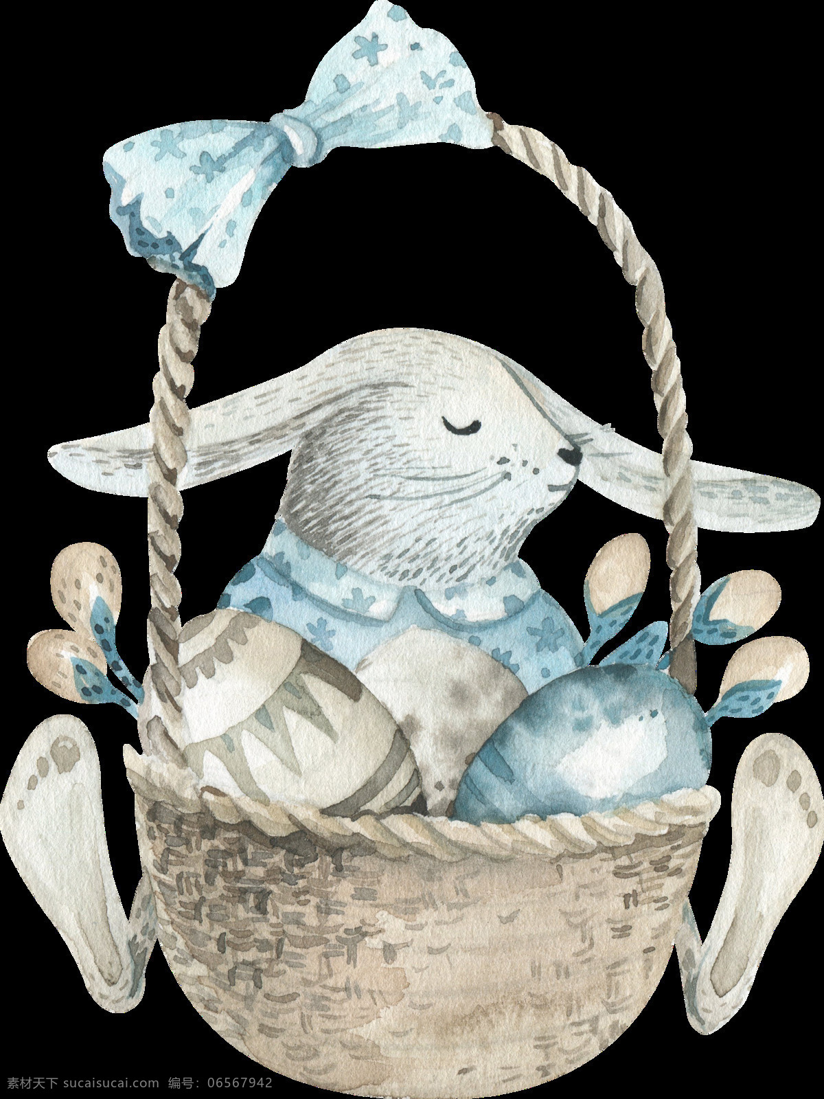 手绘 水粉画 卡通画 装饰 图案 兔子 花篮 蝴蝶结 花朵 彩蛋