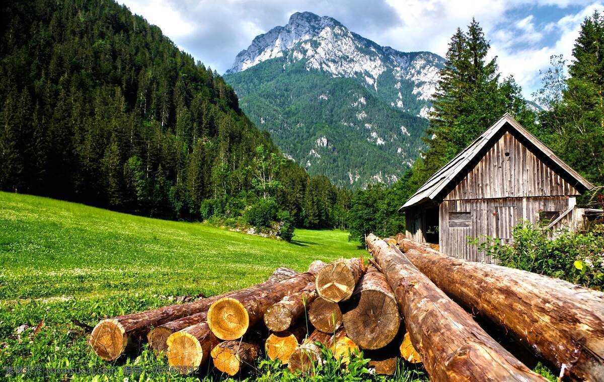 山间木屋 山林 树木 木材 木头 白云 合成素材 背景 壁纸 自然景观 自然风景