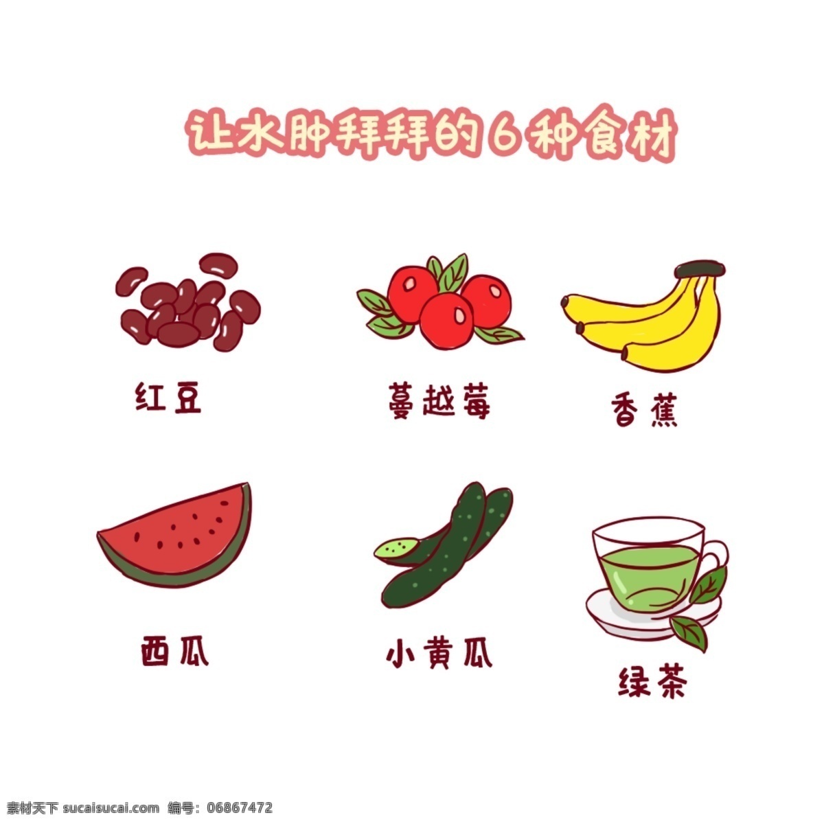 消除 水肿 六 种 食物 手绘 卡通 蔬菜 营养 小图标 水果 单个 元素 矢量 素