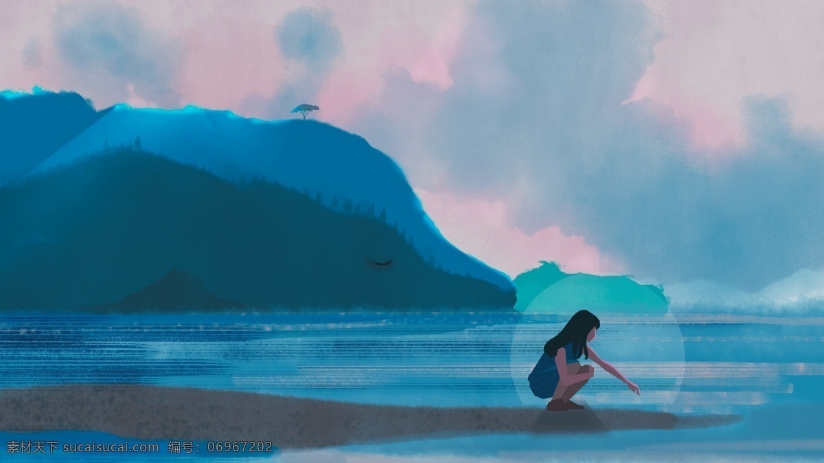 蓝色 大海 日落 女孩 鲸鱼 手绘 插画 夏季 女孩与鲸鱼 朋友圈配图 手机壁纸 插图 配图 微博配图 公众号配图 文章配图 原创 夏天 summer