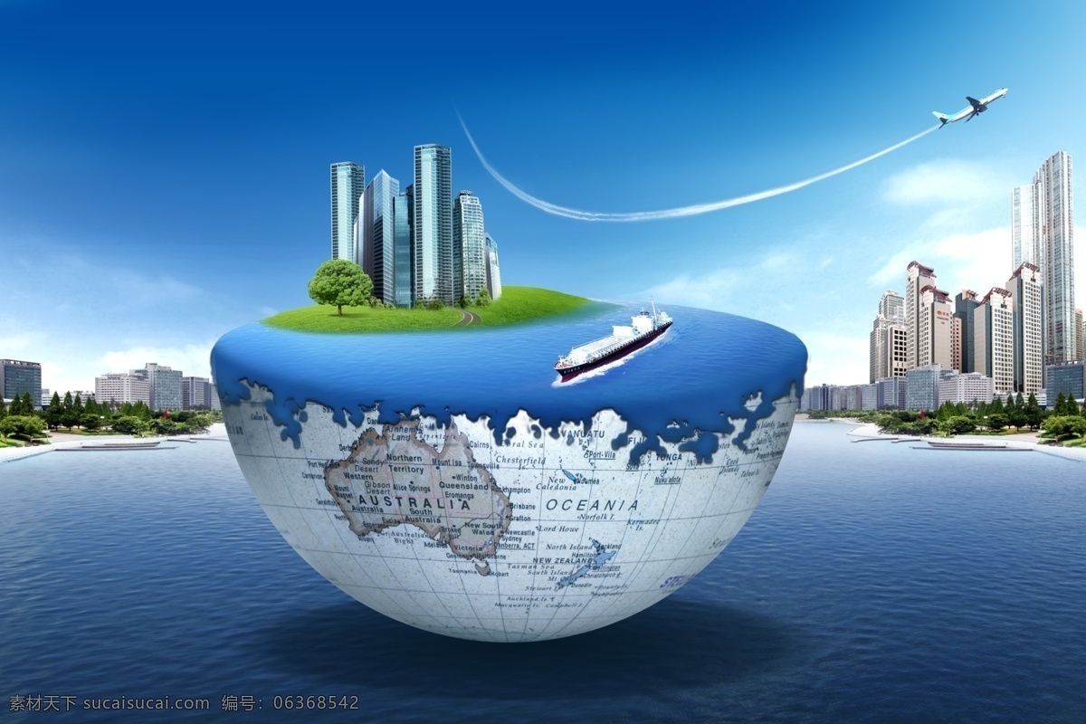 韩国 风景 创意 创意地球 大海 地球 房子 飞机 韩国风景 河水 楼房 天空 蓝天白云 湖水 节日素材 其他节日