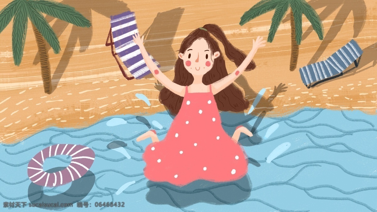 你好 八月 女孩 水中 跳跃 夏季 海边 插图 壁纸 你好八月 summer 夏天 配图 手机壁纸 公众号配图 微信配图
