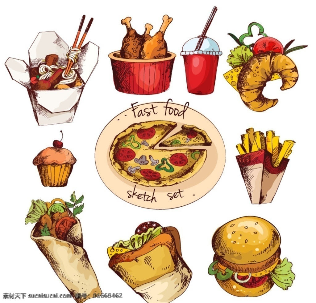 款 彩绘 快餐 食品 矢量图 快餐食品 矢量 面包 鸡腿 披萨
