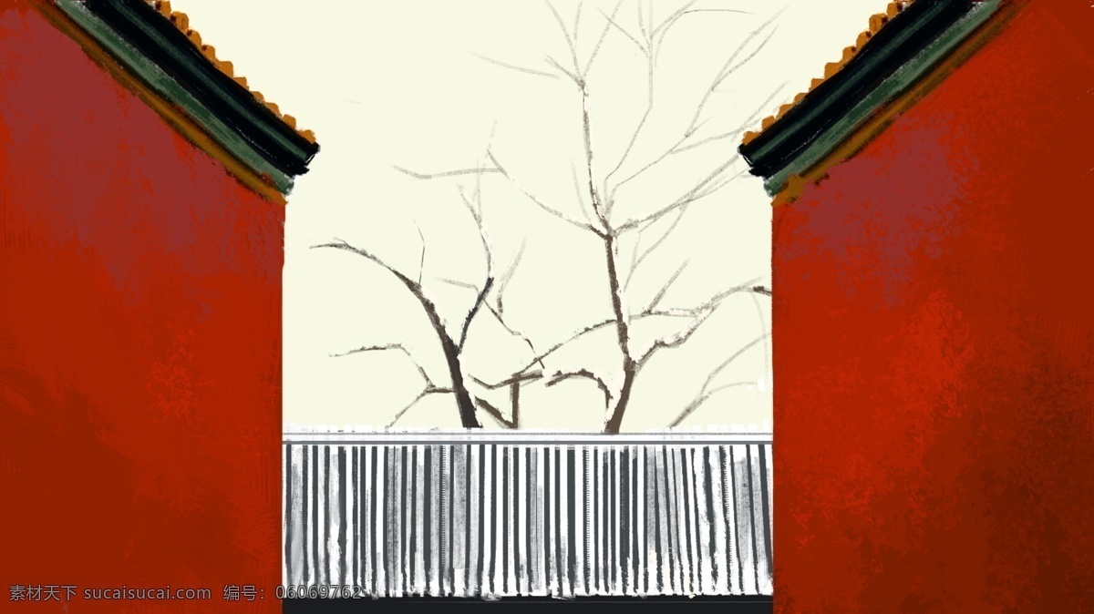 简约 大气 水彩 风 古建筑 枯树 红墙 插画 雪 冬