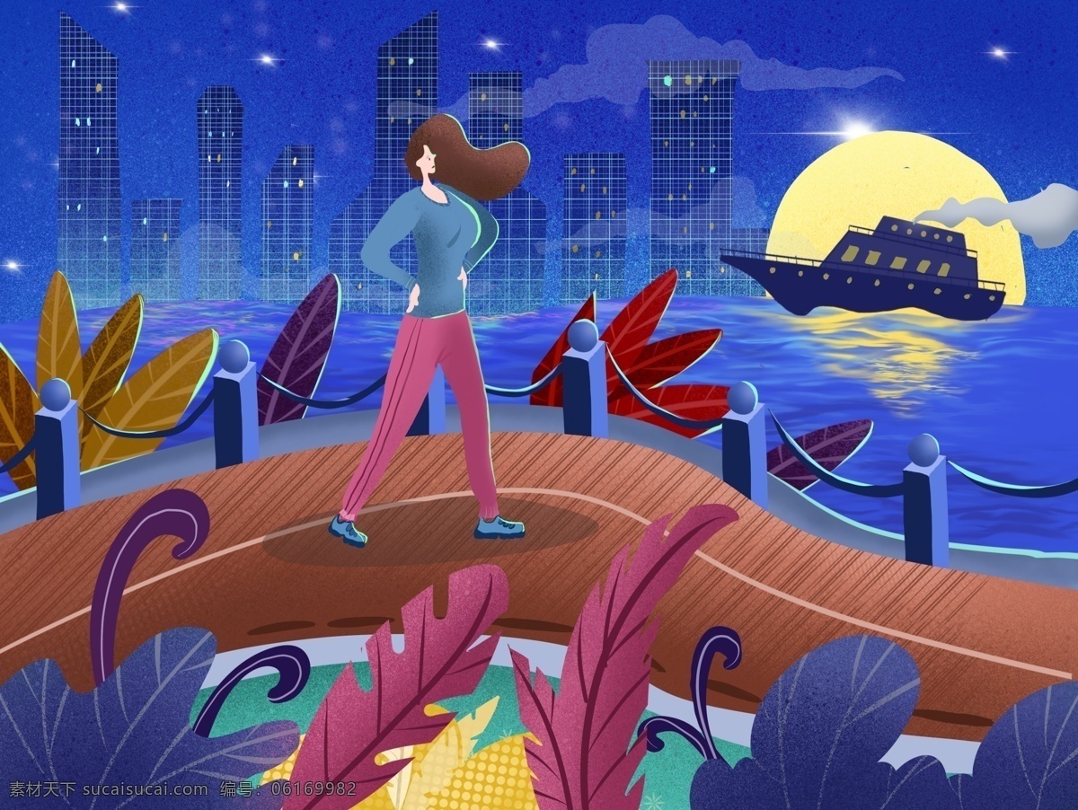 梦幻 星空 河边 跑步 女孩 夜晚