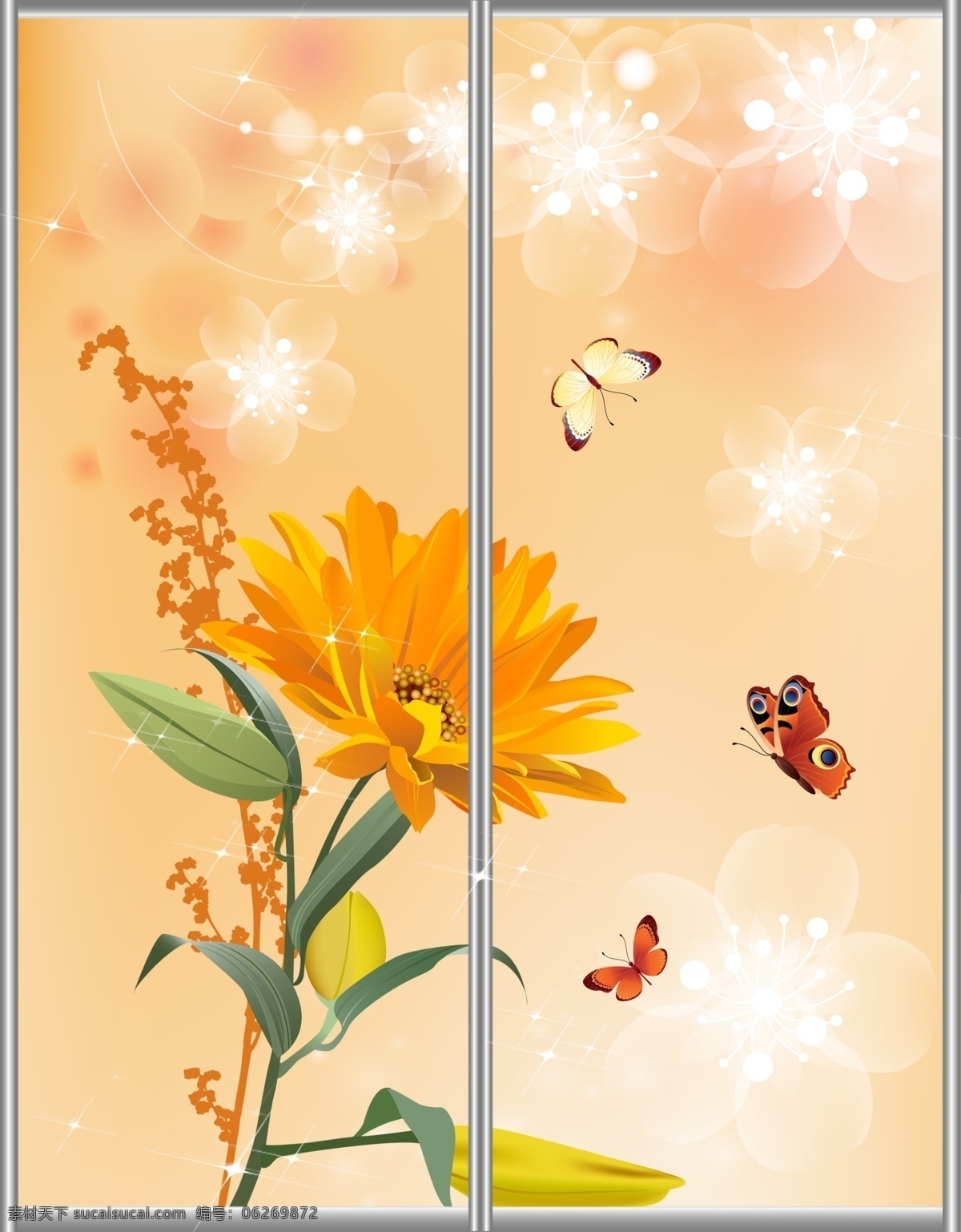 移门 背景 广告设计模板 蝴蝶 花朵 菊花 梦幻 透明花 移门源文件 移门图案 源文件 家居装饰素材