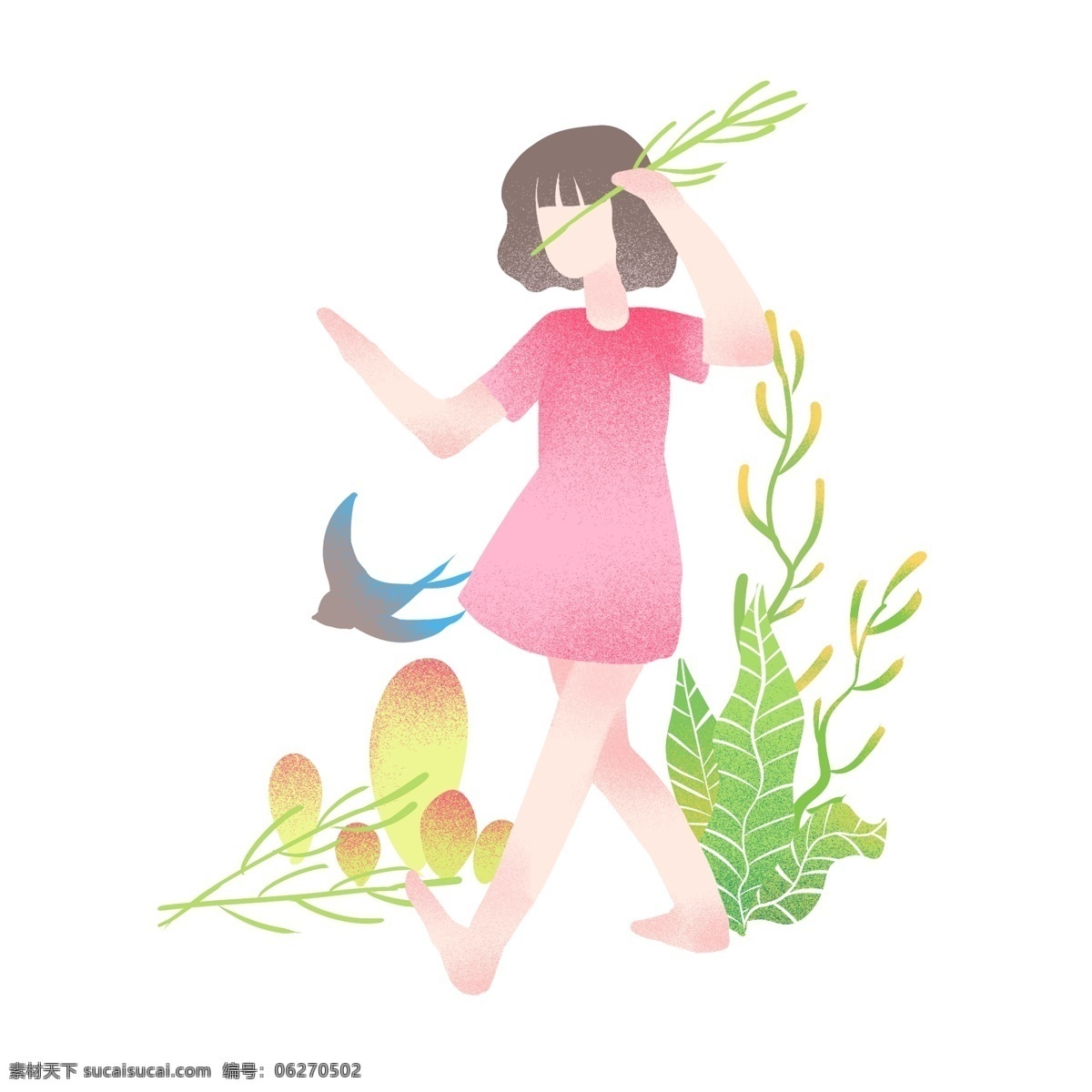 清明节 人物 小鸟 插画 蓝色的小鸟 绿色的叶子 漂亮的小女孩 卡通人物 植物装饰