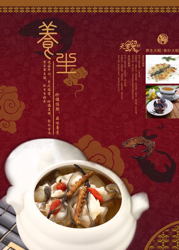 养生食谱海报 菜谱 娃娃鱼 美食 中国风 红色