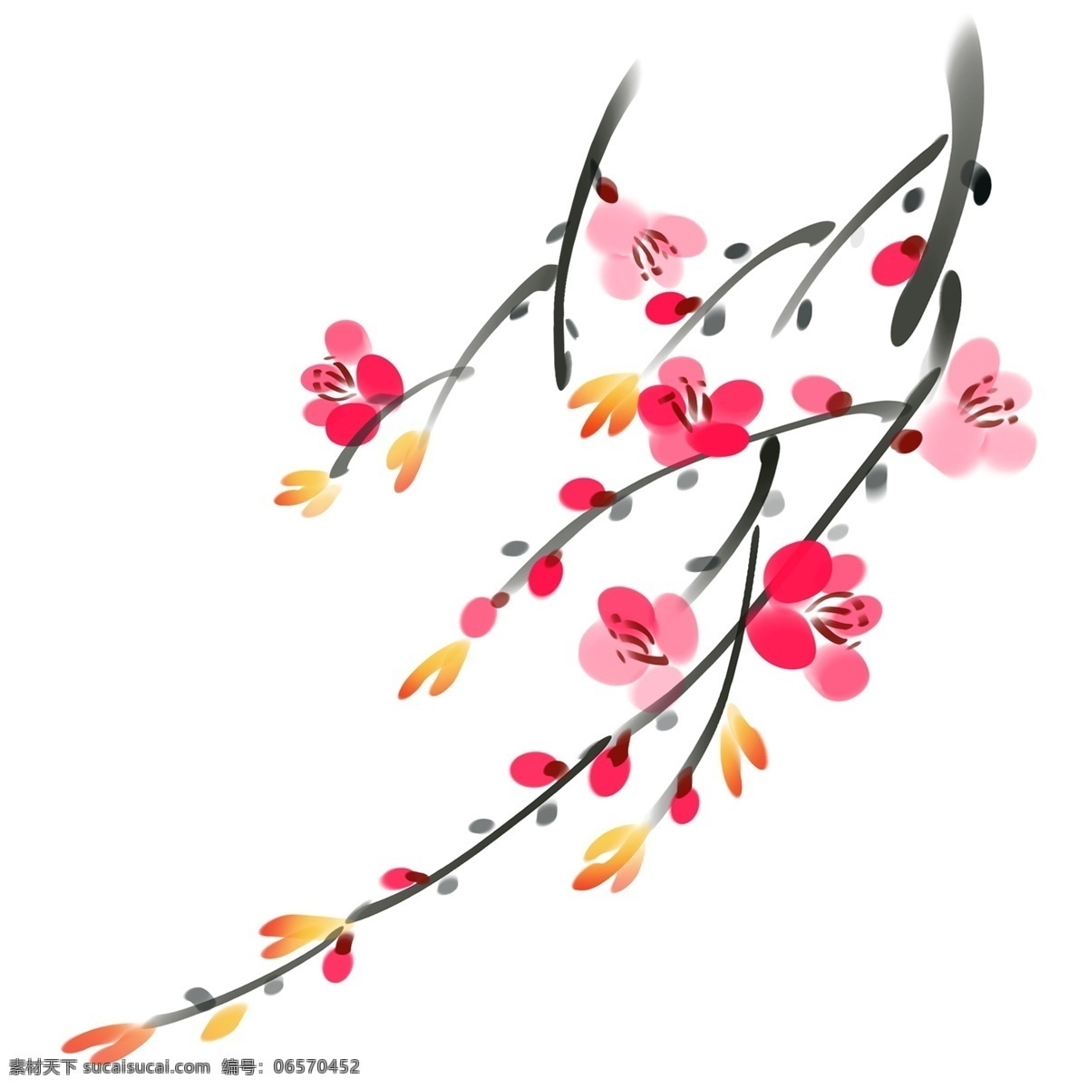 红色桃花国画 红色桃花 花枝 国画 水墨风格