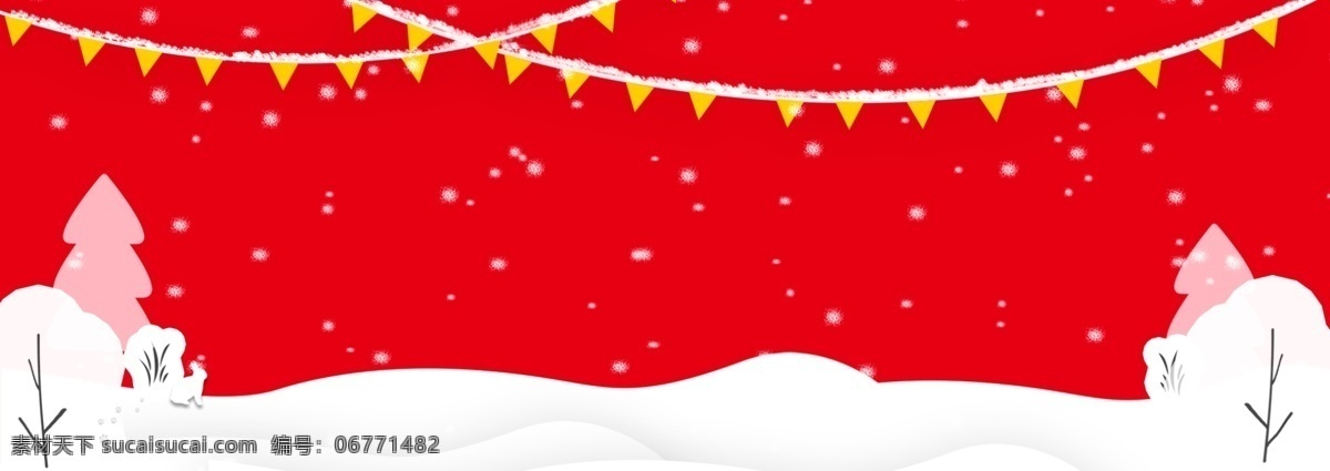 冬季 红色 下雪 背景 拉花 喜庆 卡通 海报 春节 banner 雪花 树 兔子 雪景 新年 手绘
