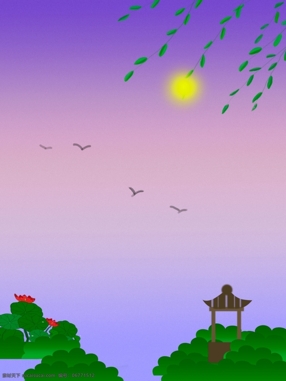 夜晚 公园 景色 背景 亭子 荷花 柳枝
