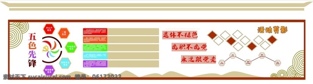 党建文化墙 党建 五色党员 退休党员 老年干休所 老年活动室 室内广告设计