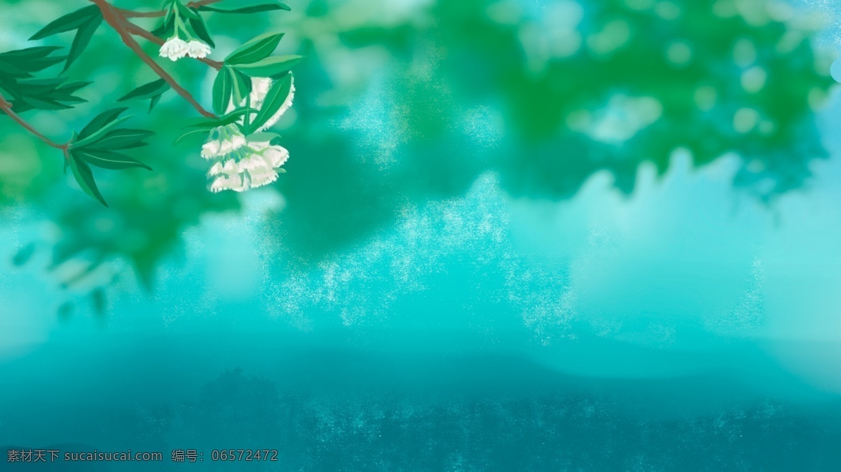 绿色 树叶 卡通 背景 蓝色 花朵