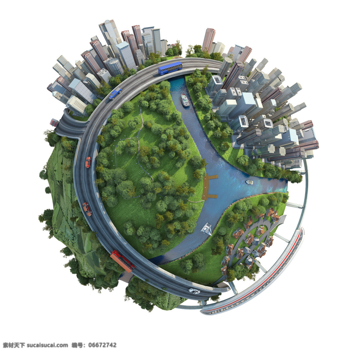 创意 地球 弯曲 街道 创意地球素材 绿色地球 城市 河道 高铁 船只 公路 汽车 高楼 绿色草地 楼群 绿色树木 弯曲街道 环保 低 碳 绿色