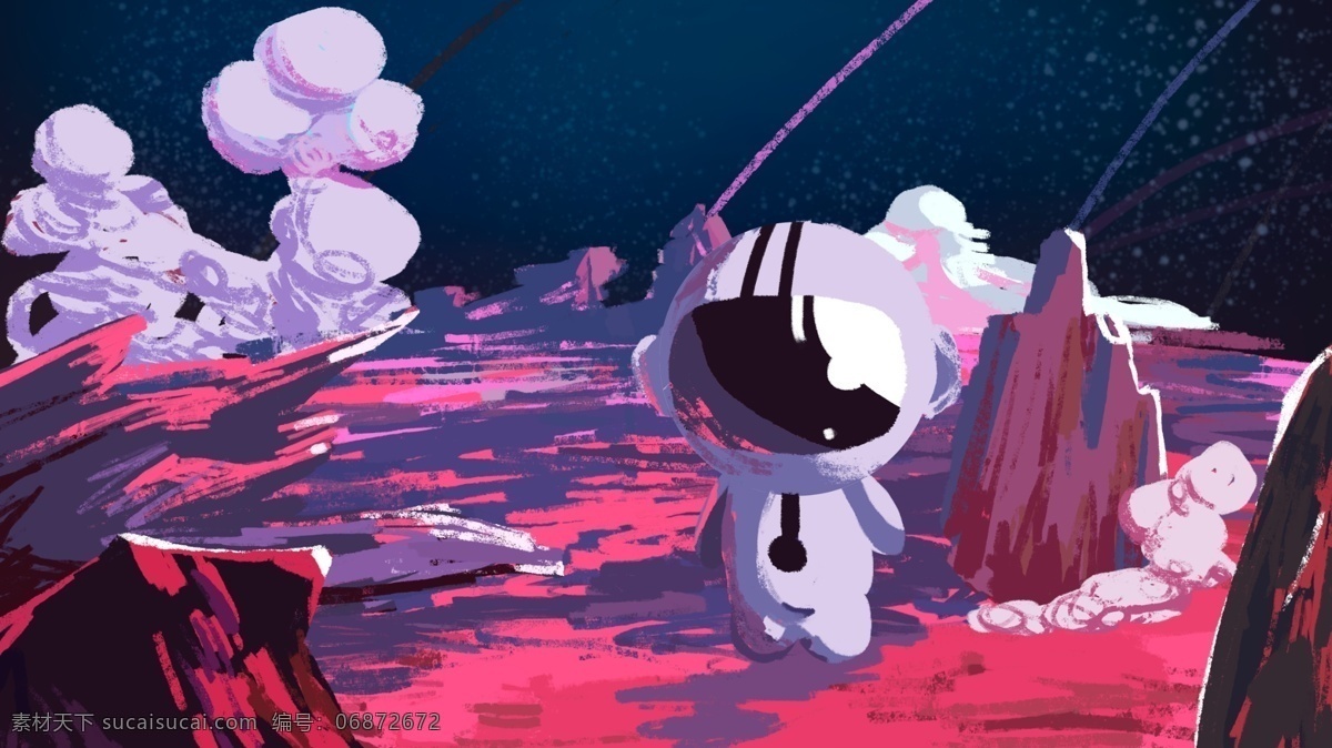 原创 卡 通风 科技 插画 上 月球 小孩 流星 机器人 石头 登月 太空服 流行 陨石