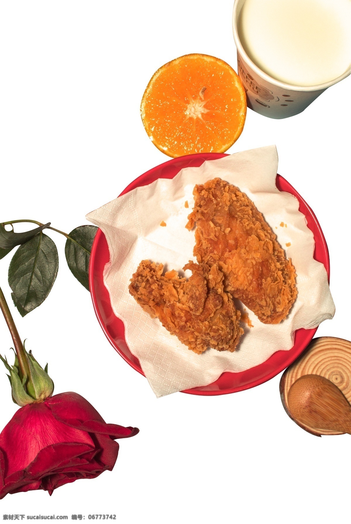 玫瑰花 炸鸡 橙子 实物 食物 玫瑰 花 叶子 盘子 纸巾 木头 木盘 木 勺子 杯子 牛奶 红色 矢量png
