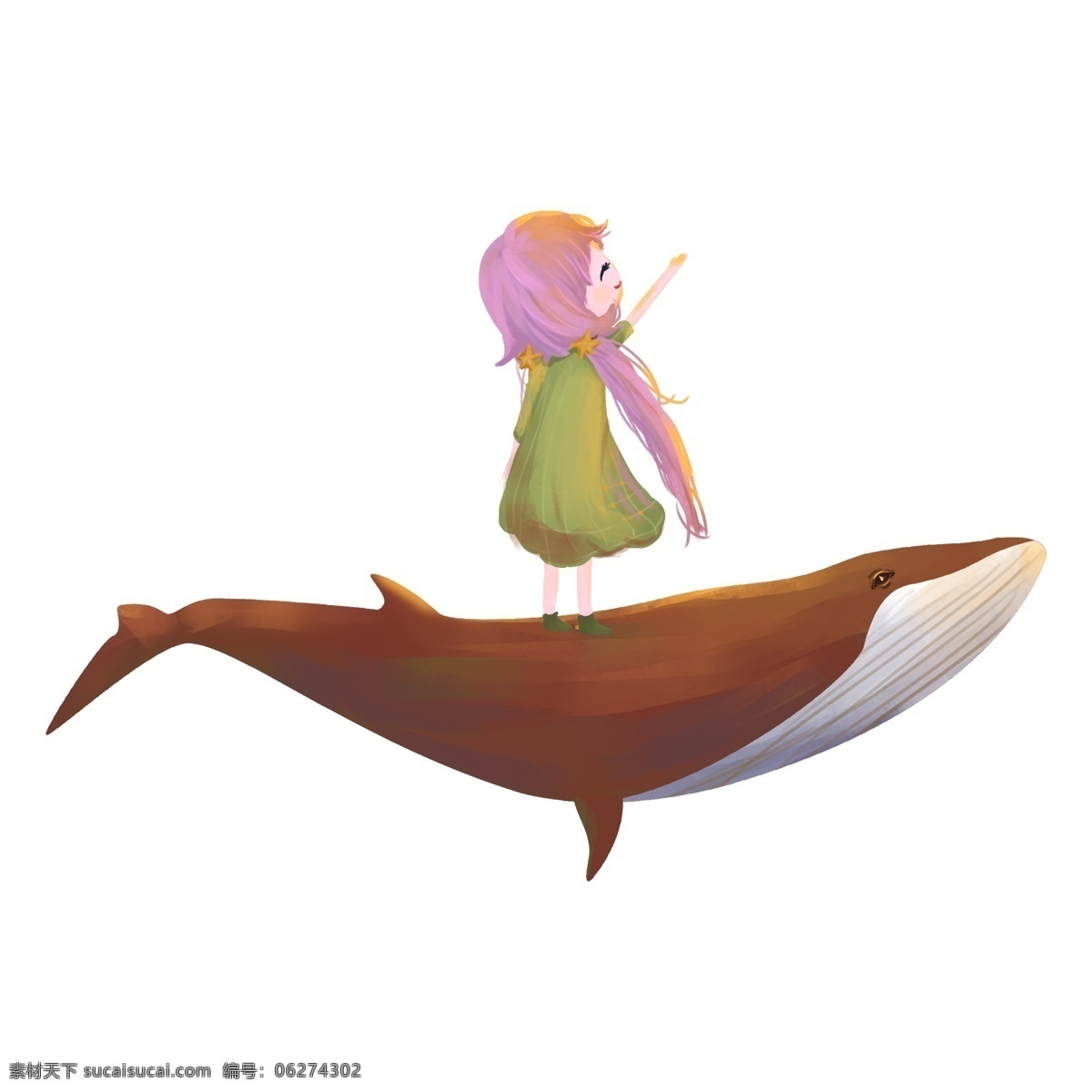 鲸鱼 背上 女孩 手绘 可爱女孩 免抠元素 透明素材 人物