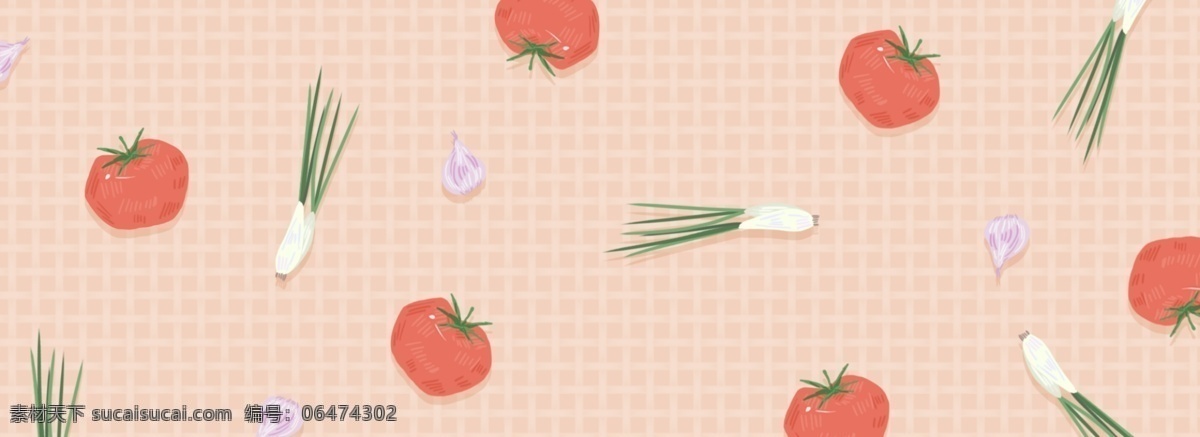手绘 素食 食物 banner 背景 无肉 蔬菜 番茄 葱 蒜头 格子 世界无肉日 平铺 可爱 卡通