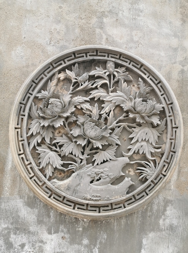 牡丹雕刻 牡丹 浮雕 仿古 园林雕刻 圆形 建筑园林 建筑摄影