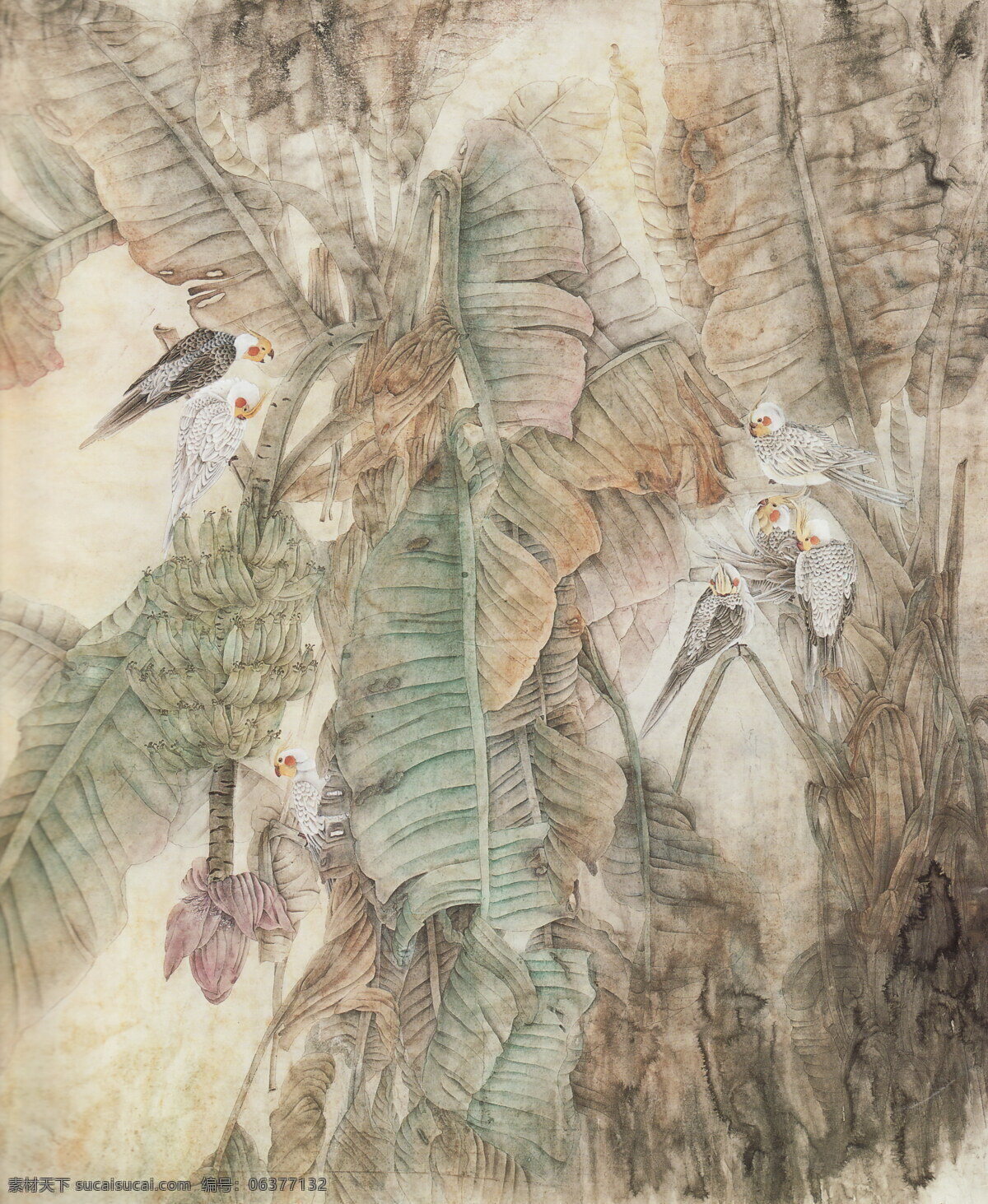 悄语芭蕉下 工笔画 线描 国画 中国画 植物 树木 大师作品 风景画 工笔画花草 花 鲜花 叶子 绿叶 芭蕉 芭蕉树 鸟 小鸟 当代 中国 工笔 走兽 花鸟画 绘画书法 文化艺术