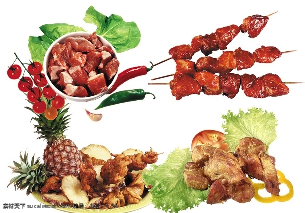 烧烤串素材 bbq 肉块 肉糕 烧烤肉串 菠萝 菜类 蔬菜 食物 分层