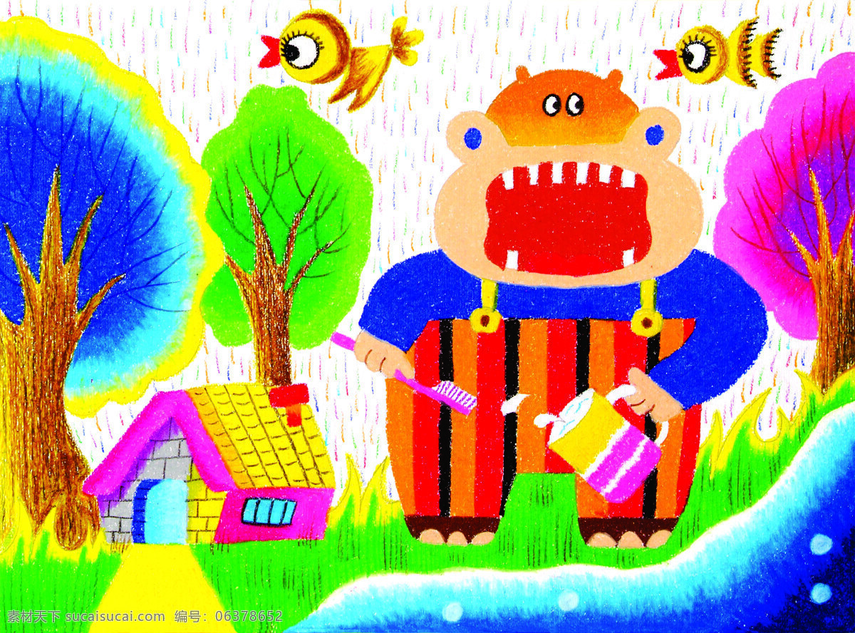河马的早晨 儿童画 色彩鲜艳 童趣 油画棒画 动漫人物 动漫动画
