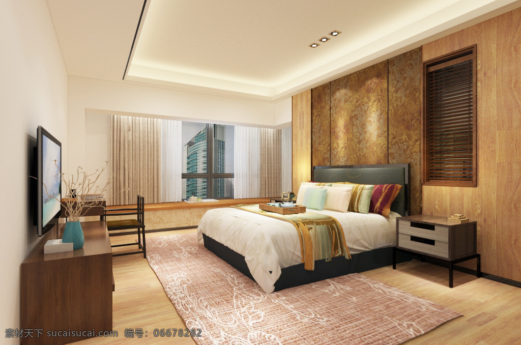 新 中式 卧室 装饰装修 效果图 床 背景墙 装饰画 室内设计 3d模型 新中式风格 新中式卧室 卧室效果图 电视柜 室内装修