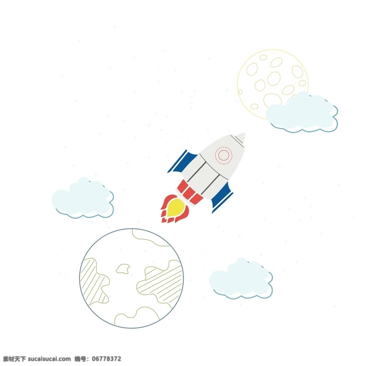 手绘 卡通 火箭 星球 虚实 象生 风格 地球 月亮 白云 线条 虚实象生