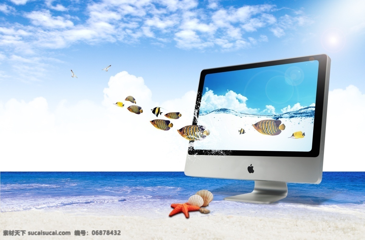 苹果 电脑 水 纹 海鱼 苹果手机 水纹 海星 贝壳 大海风景 沙滩风景 海滩 现代科技 科技金融 psd素材 白色