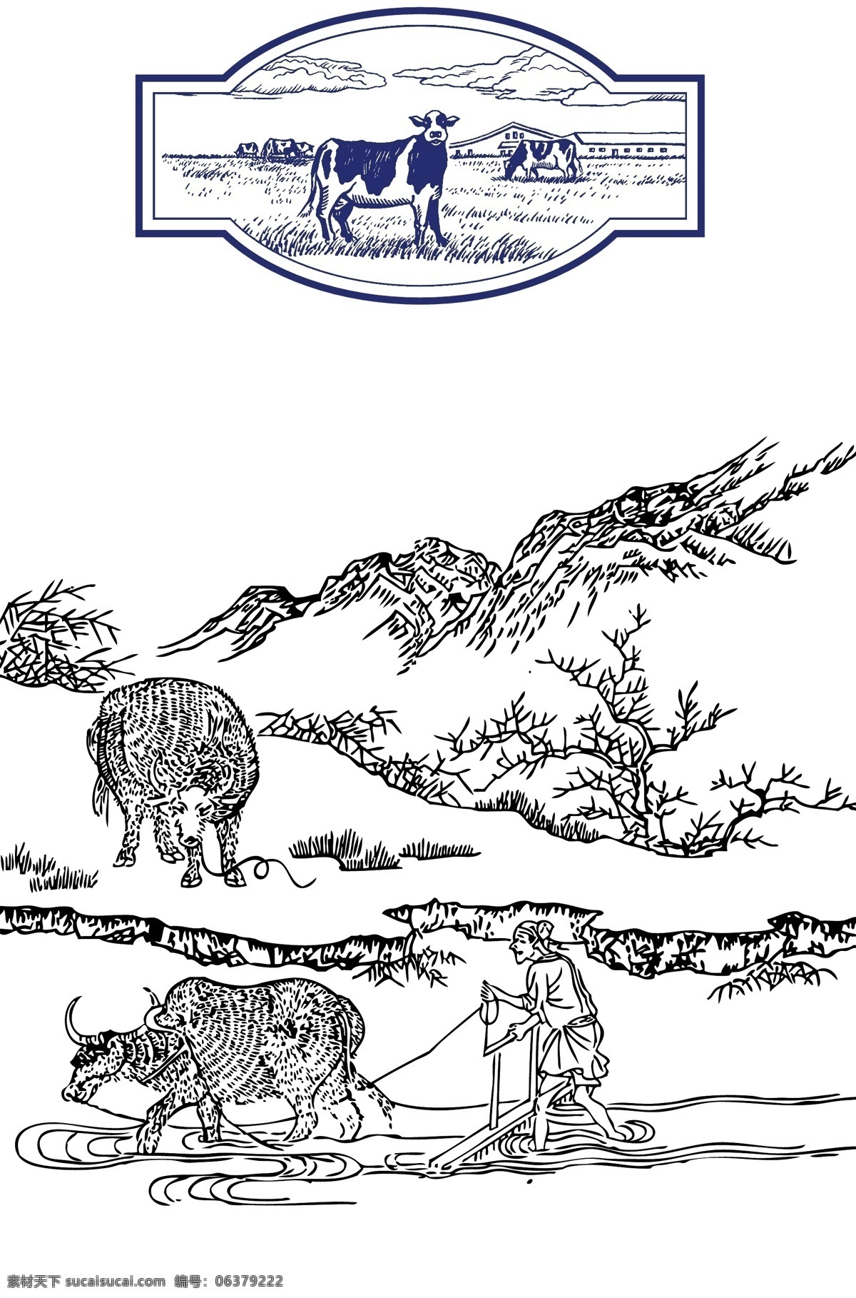 线条农耕图 线条瀑布 矢量农耕图 农场 耕种 长城 布达拉宫 天工开物 插秧 扬麦 条纹线条 底纹边框