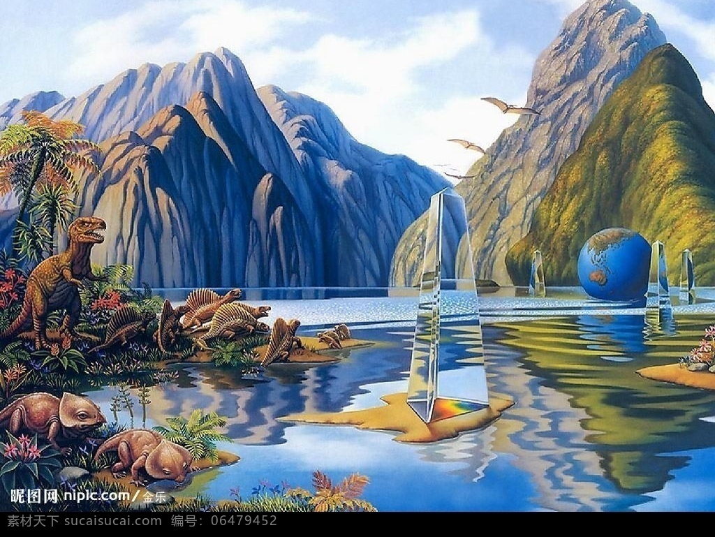 精美 奇妙 动物 画 恐龙世纪 古带动物 恐龙 树林 草丛 飞鸟 地球 水晶柱 海水 山峦 倒影 光影 白云 蓝天 生物世界 设计图库