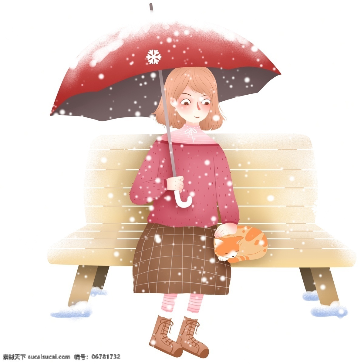 清新 手绘 冬季 大雪 中 公园 椅子 上 女孩 猫咪 唯美 冬天 创意设计 下雪 雨伞 温馨 治愈系