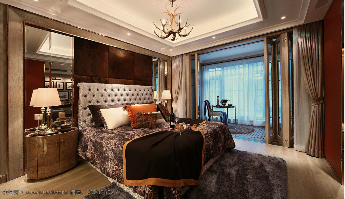 现代 时尚 卧室 亮 褐色 柜子 室内装修 效果图 卧室装修 深色地毯 木地板 褐色背景墙