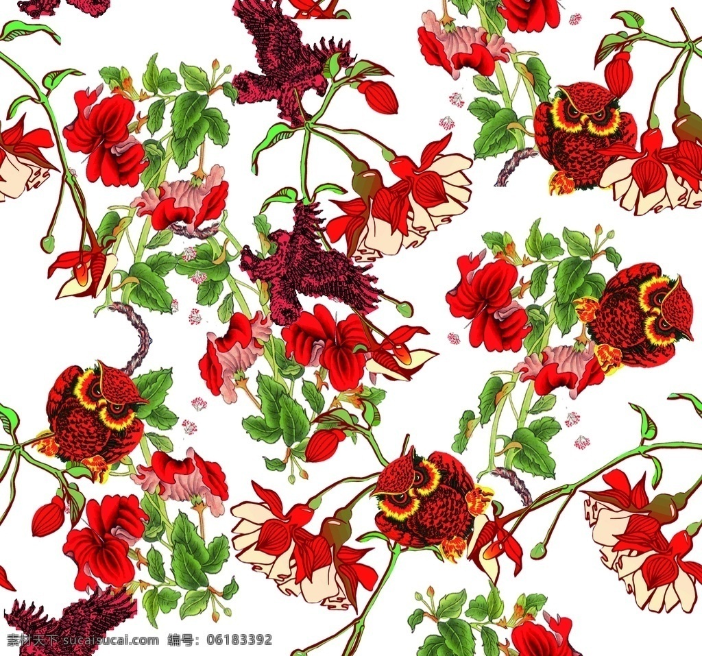 水彩花卉 老鹰 猫头鹰图片 手绘花 手绘花图案 手绘花背景 乱花 花卉 花卉背景 手绘图案 数码印花 分层