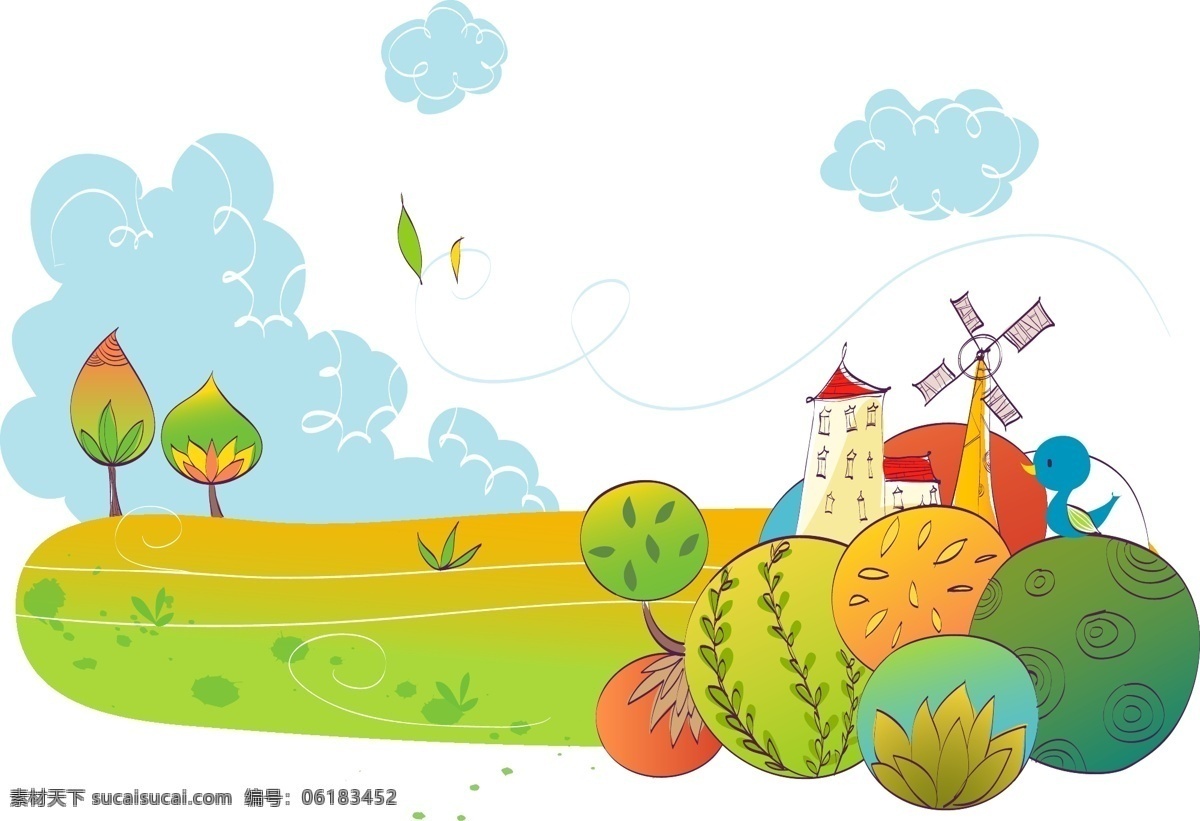 夏天 卡通 背景图片 草地 树木 风车 西瓜 psd素材 矢量 高清图片
