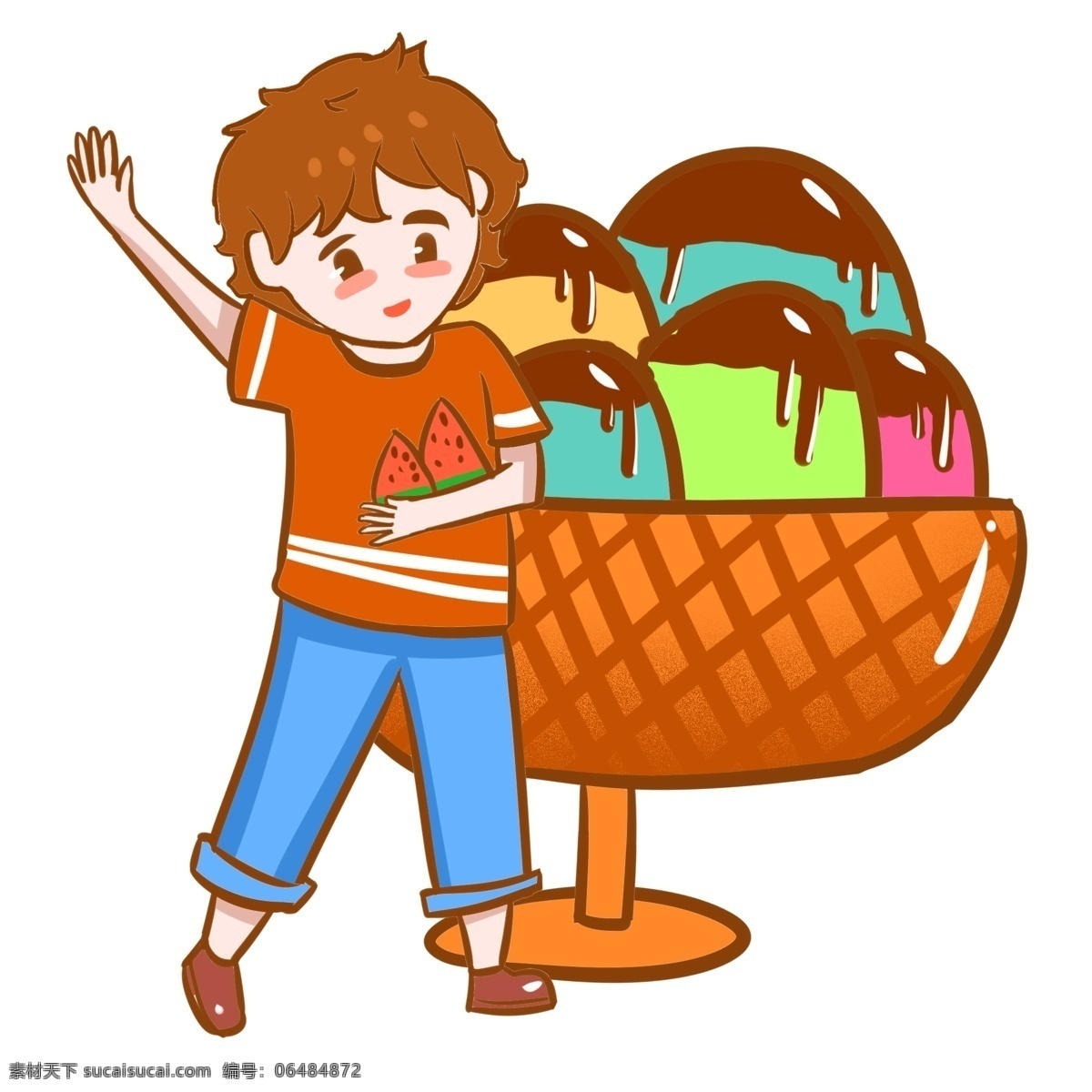 吃 冰淇淋 解暑 夏季 手绘 卡通 汽水 西瓜 小男孩 清爽 凉爽 夏天 嬉戏 开心 玩耍 童趣 避暑 降温 小清新