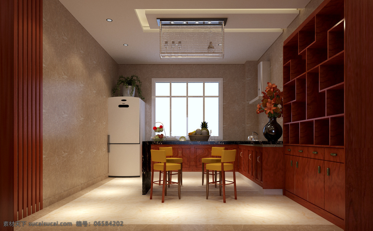 中式 装修 3d设计 家装 室内效果图 室内 效果图 开放式厨房 红色中式 3d模型素材 其他3d模型