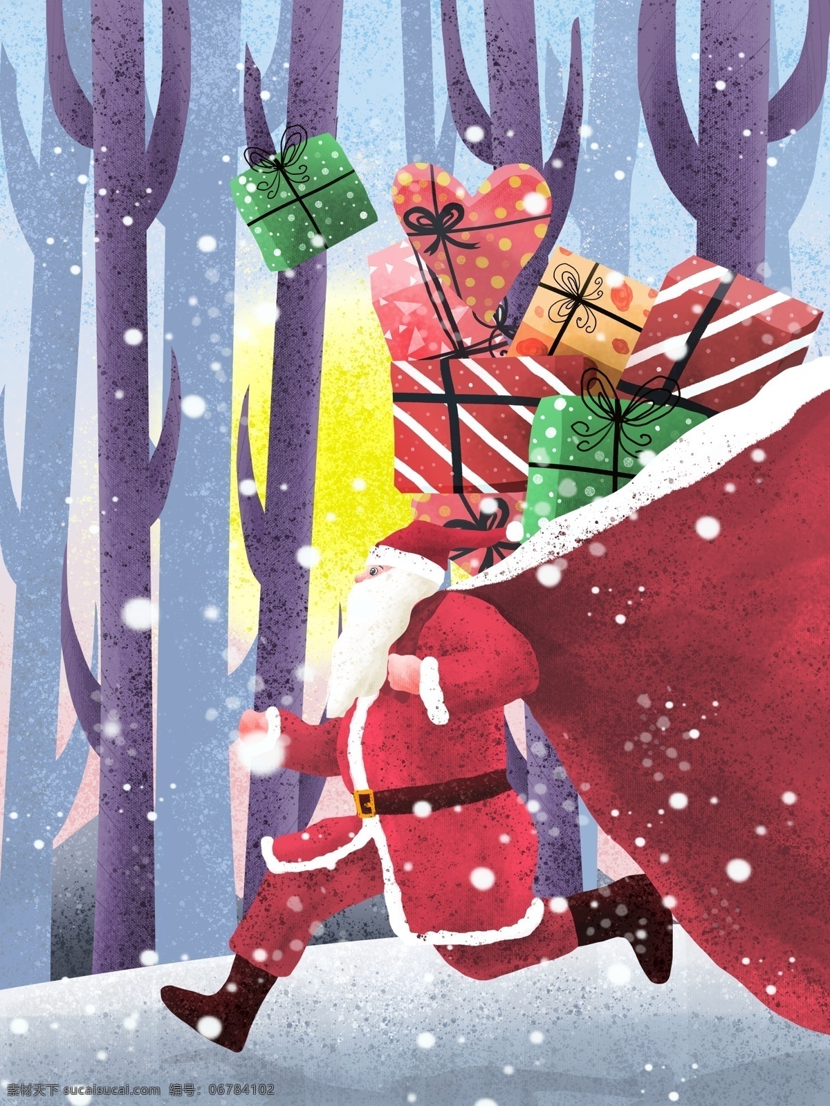 圣诞节 圣诞老人 派 礼物 卡通 插画 树林 月亮 冬季 派礼物 包裹 夜晚 雪季 礼物盒 圣诞服 树干