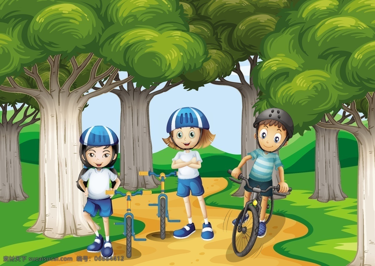 卡通 儿童 自行车运动 学生 自行车 运动 体育 效游 快乐 男孩 女孩 卡通儿童 卡通设计