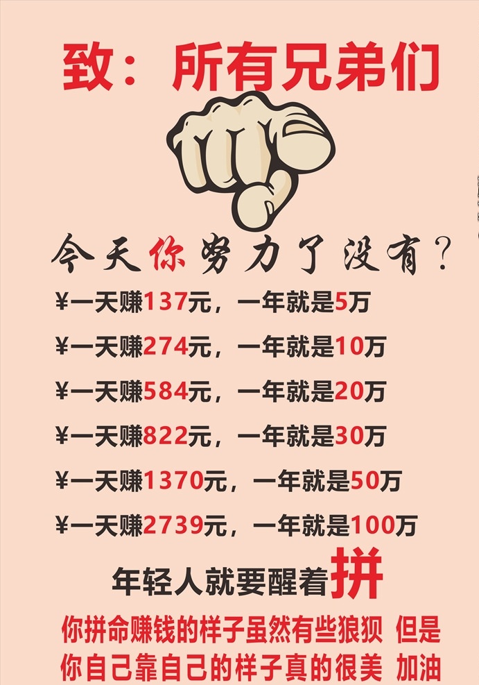 努力奋斗海报 努力了吗 手指 拼博 励志 一天赚 年 赚 万