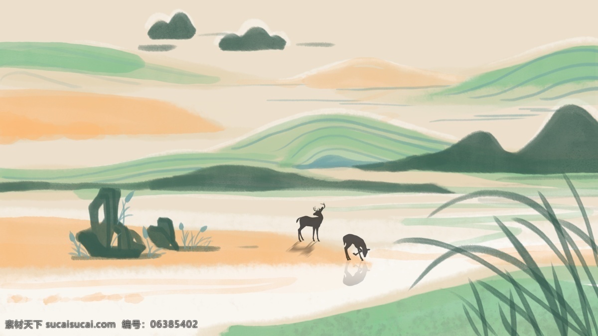 绿色 水墨 风 鹿 湖 手绘 插画 水墨山水 清新 绿叶 水墨风 朋友圈配图 手机壁纸 插图 配图 微博配图 公众号配图 文章配图 原创 夏天 夏季 summer