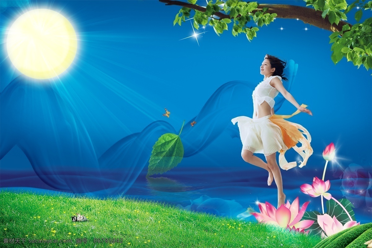 广告设计模板 荷花 花草 梦幻背景 梦幻海报 清新美女 丝带 梦幻 海报 模板下载 源文件库 psd源文件