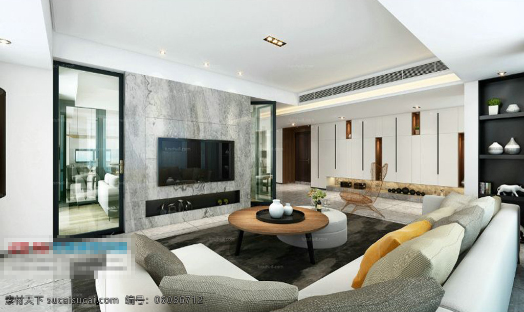 客厅3d模型 室内设计 温馨客厅 沙发茶几 时尚现代 橱柜模型 max 灰色