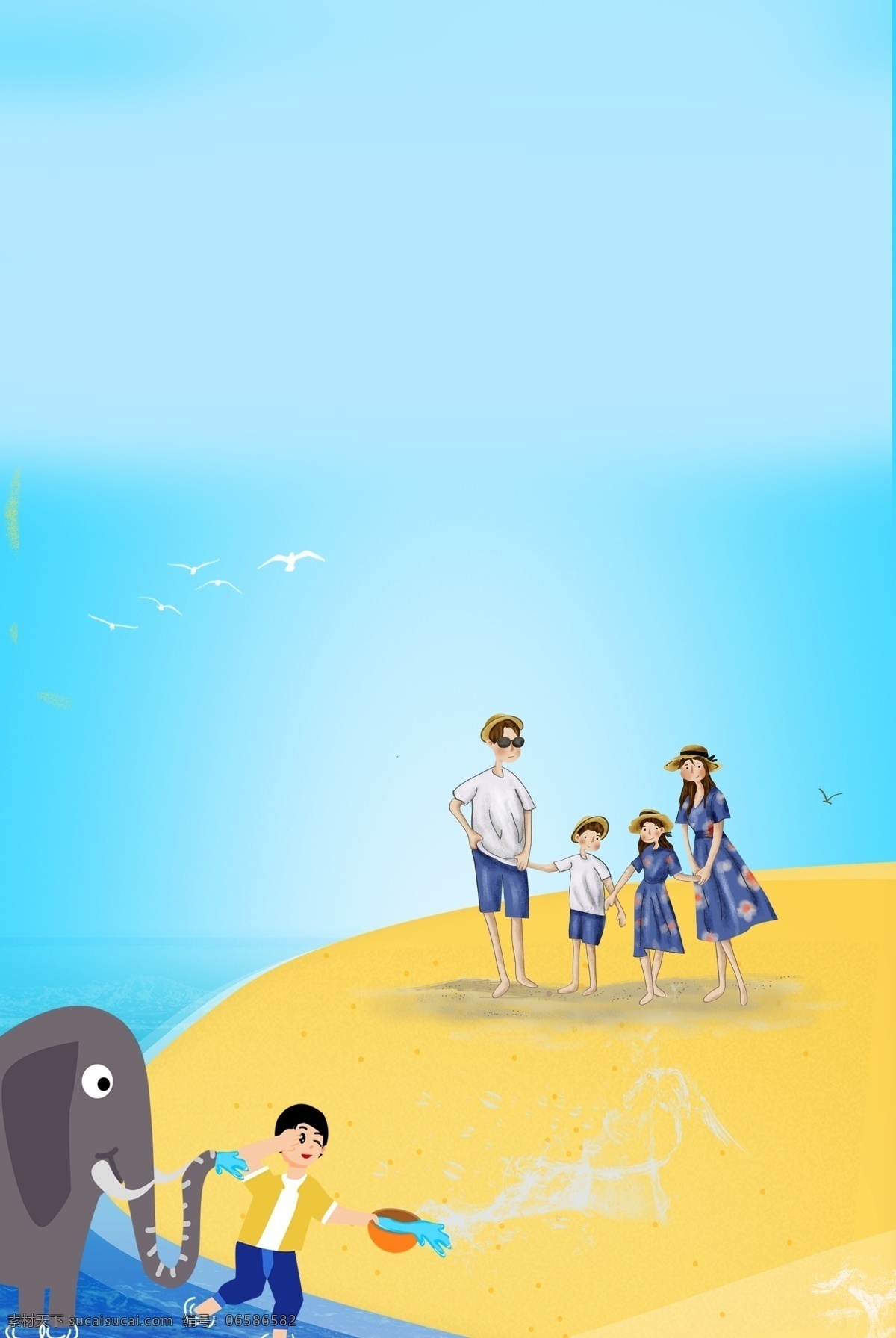 泼水节 简约 海报 背景 海滩 大海 旅游 沙滩 大象 男孩 一家人 节日