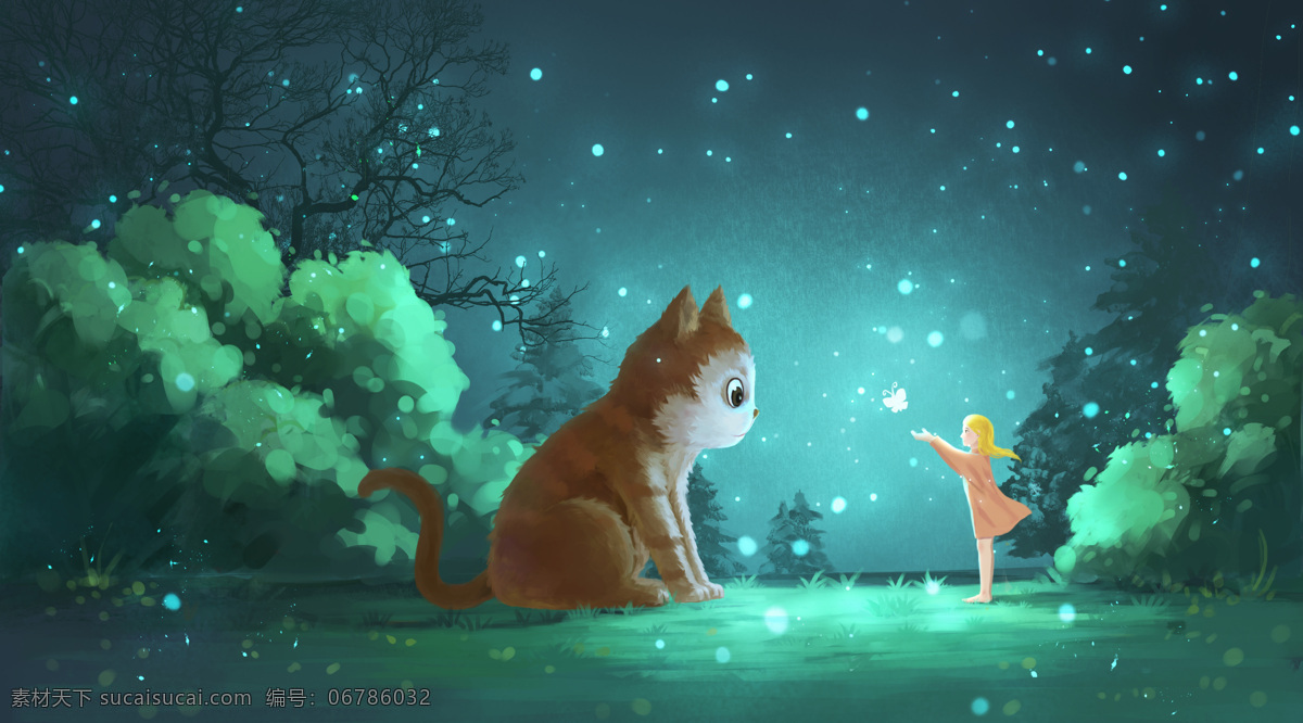 奇幻 森林 少女 发光 梦幻 配图 自由 猫咪 猫治愈插画 治愈森林 梦幻插画 梦境 可爱插画 插画少女 小清新插画 女孩 夕海 动漫动画 动漫人物