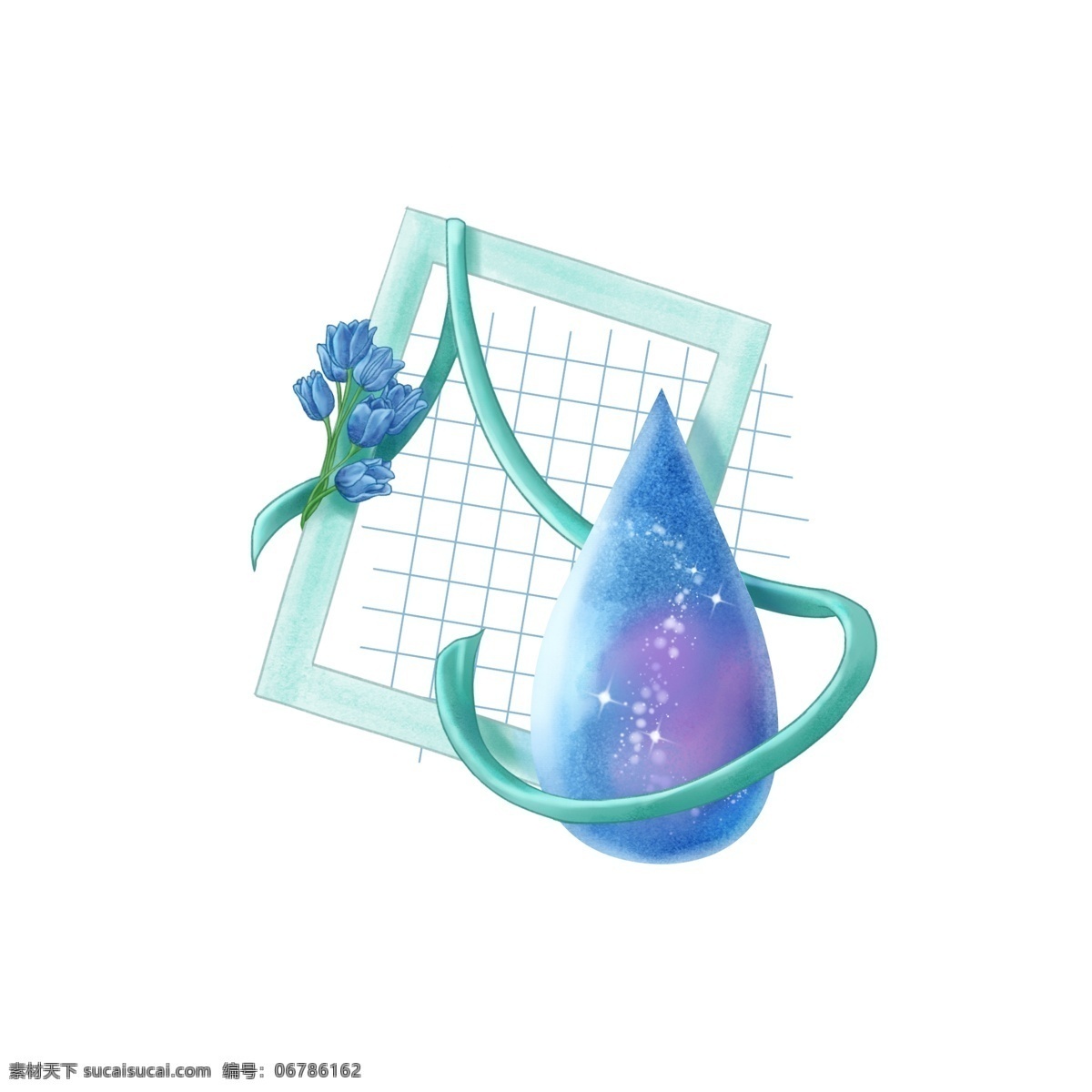 手绘 水彩 小 清新 水滴 蓝色 郁金香 植物 丝带 画框 水彩植物 小清新 相框 网格