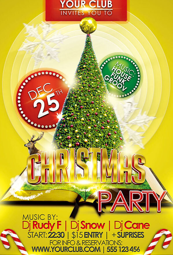 圣诞节 主题 派对 圣诞树 派对海报p sd素材下载 酒吧 海报 圣 诞狂欢派对 黄色